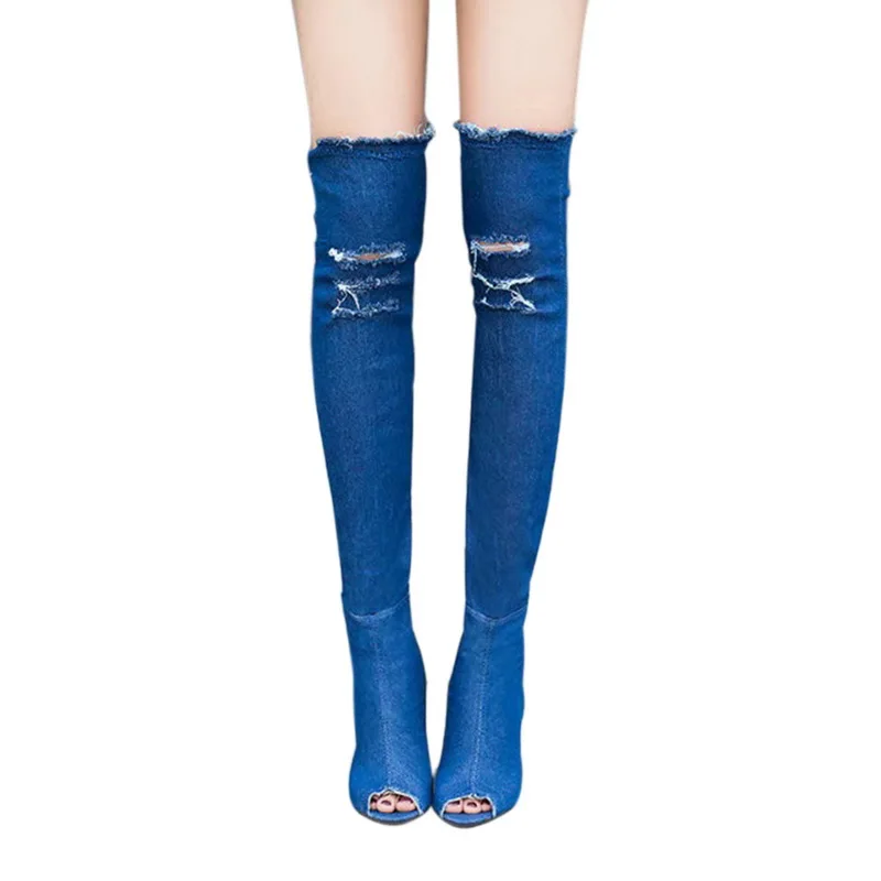 

Oeak Women Boots Autumn Peep Toe Over The Knee Boots Elastic Jeans Fashion Boots High Heels Pumps Hole Blue Botas Mujer