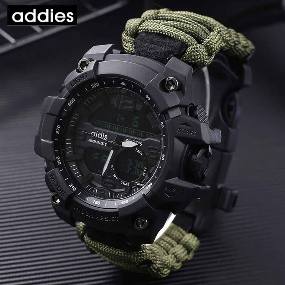 ADDIES Military Survive Outdoor LED Digital Watch  Multifunction Compass Whistles Waterproof Quartz Army Watch relogio masculino