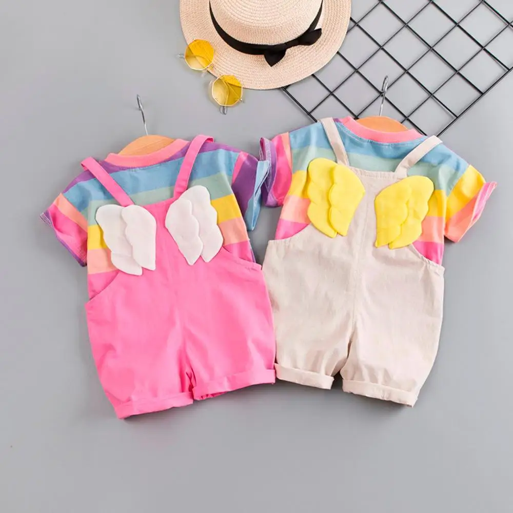 

2019 Toddler Baby Boy Clothes Sets Kids Rainbow Stripe Tops T-shirt Straps Pants Outfits Set