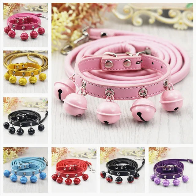 

pet dog collar +leash PU Leather Small Dog Collar Leash Set Dog Collar with Bells Pet products Princess Leashes Collars S M