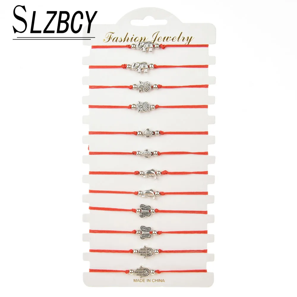 

12 pcs/set Hamsa Hand Fish Elephant Charm Adjustable Bracelets Owl Turtle Butterfly Red String Braided Bracelet Women Jewelry