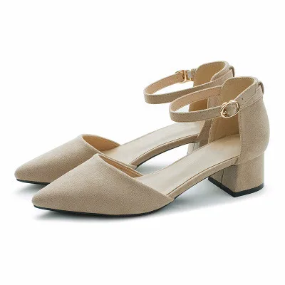 

2019 new women's shoes word buckle hollow suede single shoes female with thick with pointed high heels