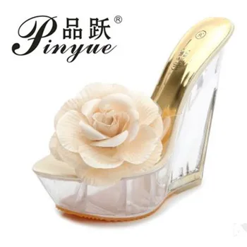 

Women Sandal Shoes Woman Sandals New 2018 Transparent Kvoll Ultra high Heels Slippers Shaped Resin Flower Women's Wedges Shoes