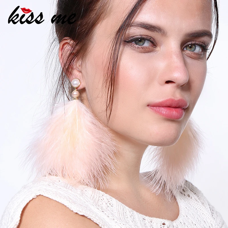 

KISS ME Pink Feather Big Earrings Unique Fashion Cultured Pearl Earrings for Women Brand Costume Jewelry
