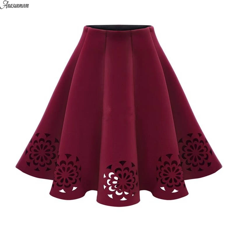 

Anasunmoon Women New Spring Autumn Fashion Womens Solid Burning flowers Hollow Out Tutu skirts Casual Vintage Elegant Midi Skirt