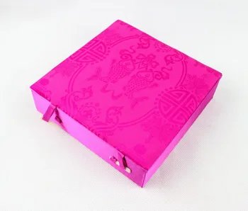 

16*16*4.5cm Chinese Handmade rose red 4 grid Embroidery Silk Luxury Ring Necklace Pendant Jewelry Storage Box