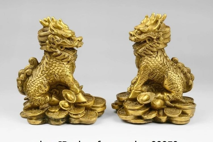 Чистая медь Китай Fengshui Yuanbao богатство Кирин Единорог kylin Chi Lin Статуя Пара|Статуи и