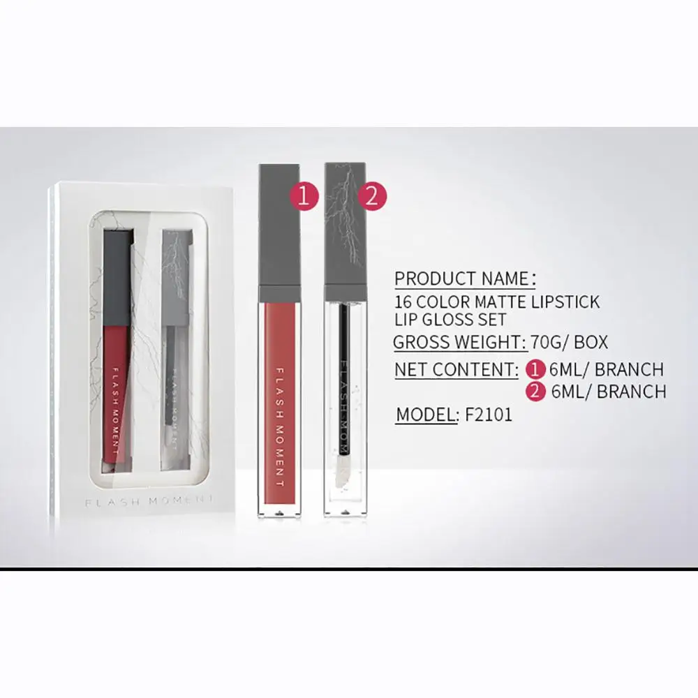 

16 Colors 2 Pcs/Kit Matte Liquid Lipstick Women Lip Makeup Long Lasting Easy to Wear Lipstick Lipgloss set