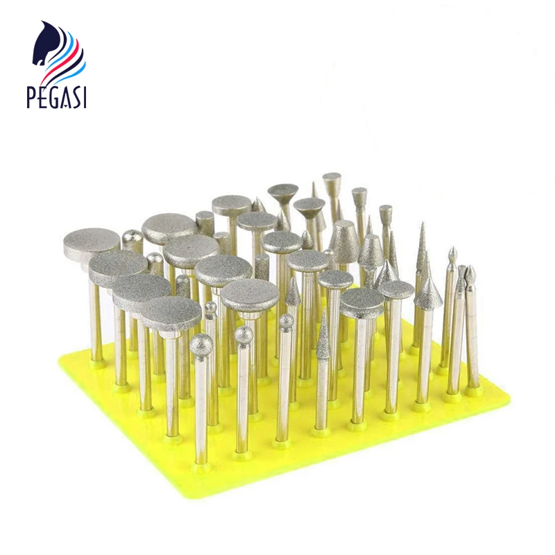 PEGASI 50pcs 1/8" Shank Diamond Grinding Bit Grinder Head Lapidary Glass Burr Drill Bit Set For
