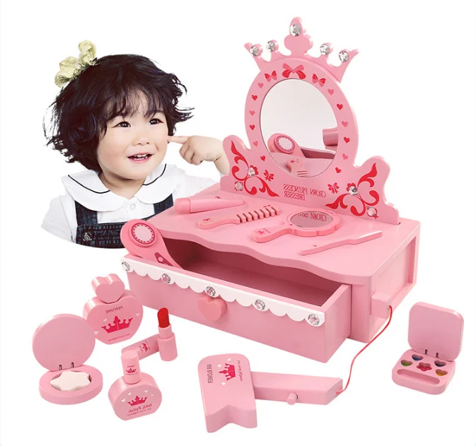 Безопасная, из дерева, детская игрушка для макияжа, имитация деревянного туалетного столика, зеркало, принцесса, набор косметики, игрушки для детей, подарок для девочек