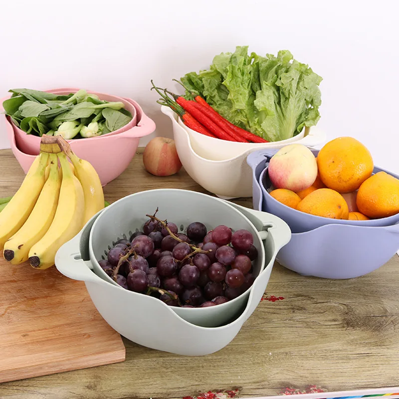 

】High Quality Double Kitchen Fashion Basket Drain Basin Kitchen Washers Slicer Pasta Vegetables Fruit Kitchen Accessories Gift