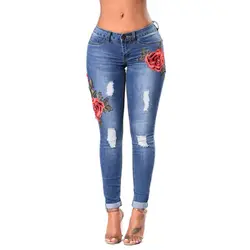 Новые рваные модные джинсы Для женщин Высокая Талия обтягивающие джинсовые штаны тянущиеся вышивка сексуальные джинсы Для женщин high street