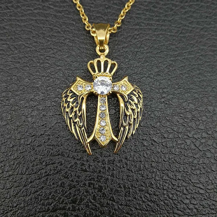 

Free 60cm chian Gold Crown Angel Wing Cross Men Pendant & Necklace Punk Crucifix Stainless Steel Titanium Necklaces Jewelry