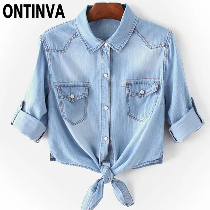 

Light Blue Jean Shirts for Women Caual Summer Thin Plus Size 2XL 3XL Office Ladies Short Denim Blouse Tie Front Peplum Tops