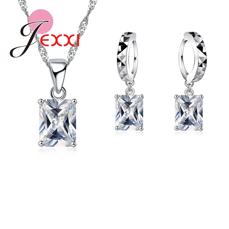 

Jewelry Sets 925 Sterling Silver Gorgeous Square Austrian Crystal Pendant Necklace And Earring Chain Womens Jewelry Wholesale