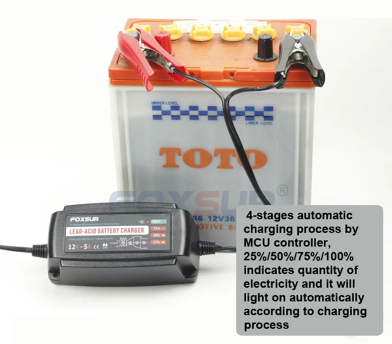 FOXSUR 12V 5A автоматическое умное зарядное устройство, Ремонтный и десульфатор для свинцово-кислотных батарей, автомобильное зарядное устройство 100-240V In