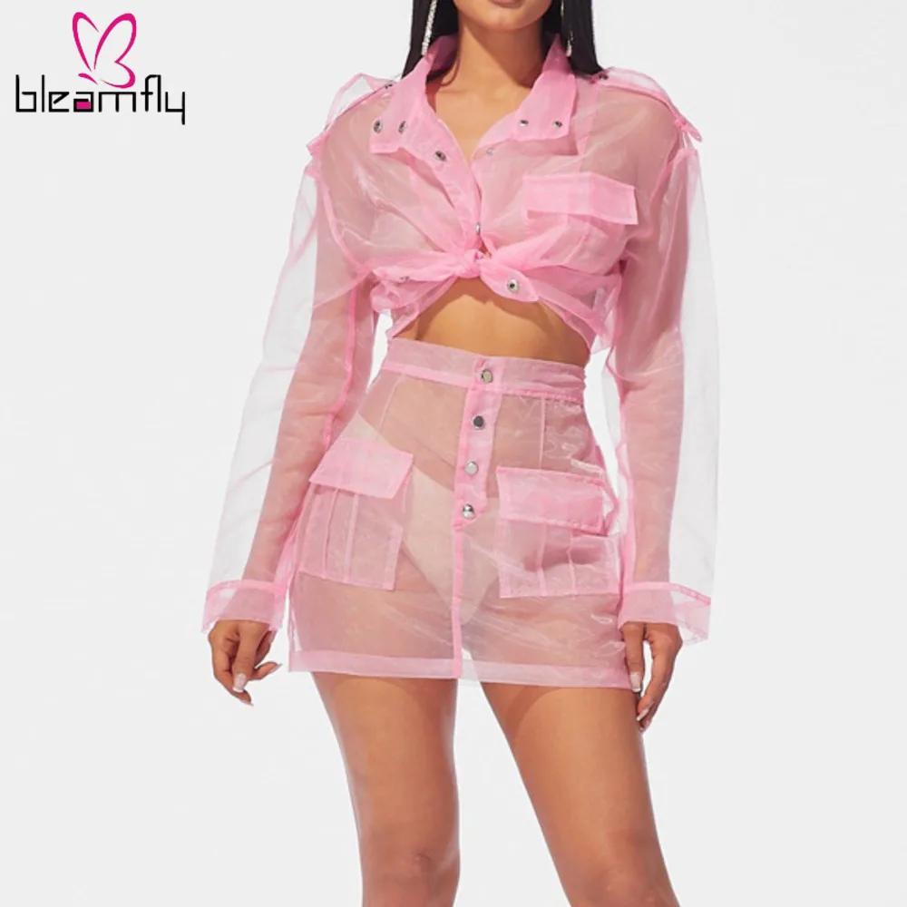 

Sexy Transparent Sheer Mesh Two Piece Skirt Set Women Pockets Crop Top + Buttons Pencil Skirt Pink Beach Matching Sets Tracksuit
