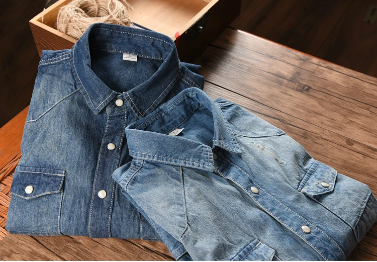 Для мужчин's деним джинсовая рубашка куртка-карман украшения рубашка-металлическая кнопка рубашка с длинным рукавом, футболки с рукавами