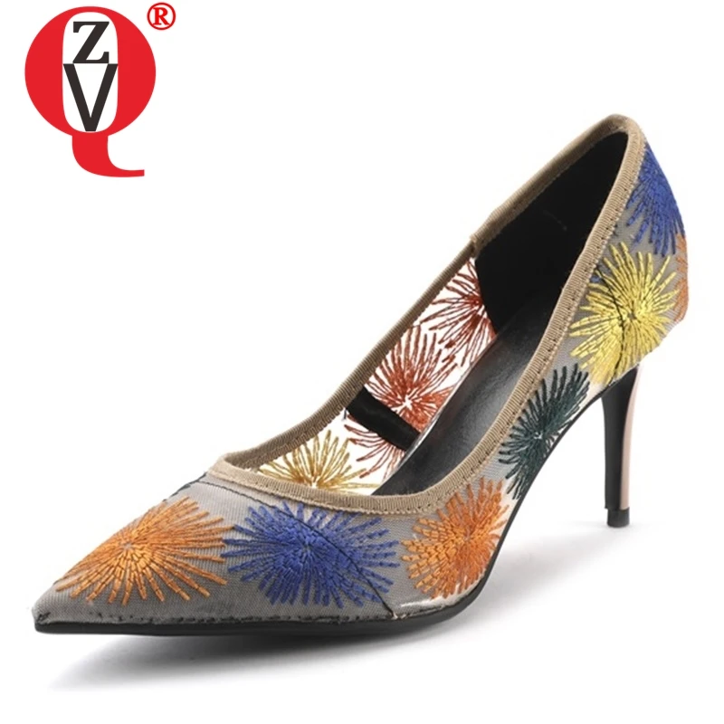 

ZVQ shoes women 2019 spring newest fashion sexy pointed toe high thin heels party women pumps outside shallow embroider shoes