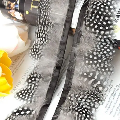Fowl Feather Fringe 2 Yards Trim Pearl Spots Feather Lace - Natual Color Guinea Fowl Feather Soft Lightweight