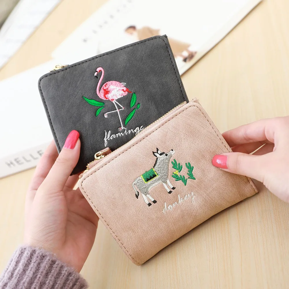 

Lady Purse Short Pink flamingo scrub PU leather embroidery animal Teen student designer wallets famous brand women wallet 2018