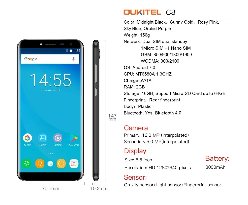 Oukitel C8 5.5 дюйма HD края меньше Бесконечность Дисплей Смартфон Android 7.0 3000 мАч 2 ГБ+ 16 ГБ отпечатков пальцев 13MP Quad Core мобильного телефона