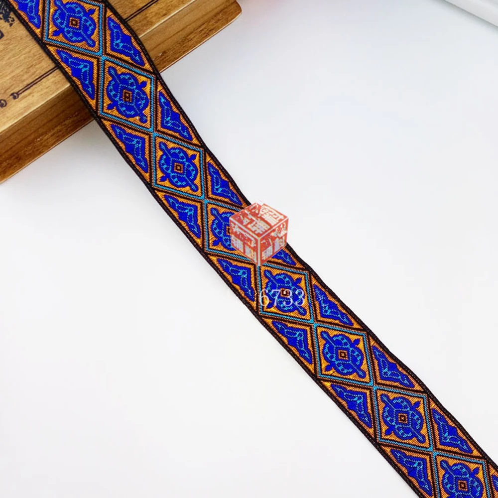 

3.3cm 33mm 1-3/8'' Blue Gold Shinny Rhombus Triangle Ethnic Lace Trim Laciness National Jacquard Ribbon Embroidery Woven Webbing