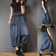 Весна Осень Женские повседневные универсальные свободные большие размеры винтажные отбеленная джинсовая ткань фонарь комбинезоны