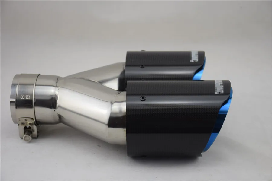 Правый Синий двойной выхлопной трубы Хвост Глушитель Совет Chrome Inlet63mm Outlet89mm глянцевый Реальные углеродного волокна для автомобилей внедорожник