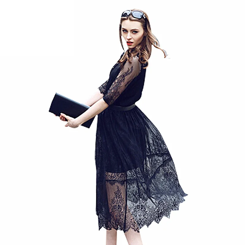 Women Summer Lace Dress Fashion Sexy Long Dress Party Shirt Dress Hollow Out White Black Chiffon Mid-Calf long-white-lace-dress