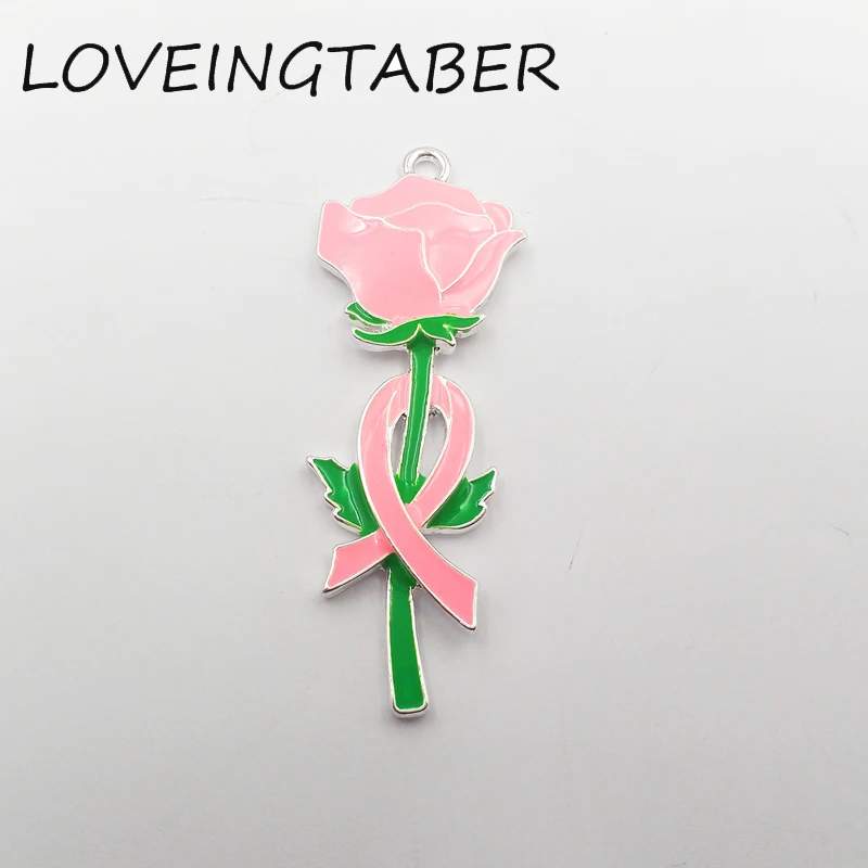 

Newest 55mm*22mm 10pcs /lot Full Enamel Pink Ribbon Breast Cancer Awareness with Flower Pendant For Neckalce Making