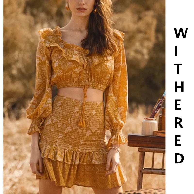 

Withered bohemian vintage floral printing bouse and elastic high waist skirts two piece set conjuntos de mujer tracksuit women