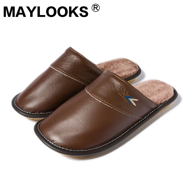 

Men's Slippers Winter genuine Leather Thick Home Indoor Non-slip Thermal Slippers 2018 New Hot Sale YQ-005