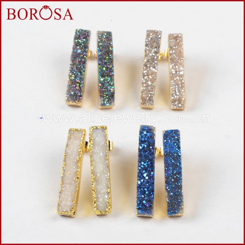 

BOROSA 5Pairs Druzy Stone Earrings Natural Stone Rainbow Titanium Rectangle Bar Drusy Earrings Stud Earring Gems for Women G0916