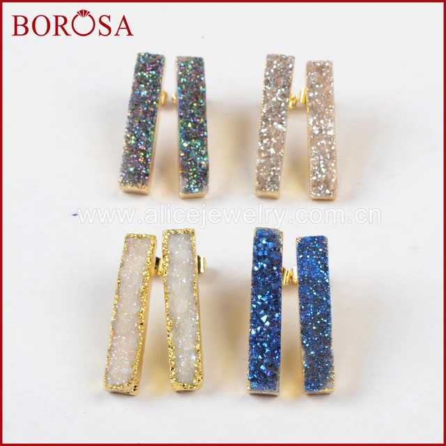 Borosa 5pairs Druzy Stone Earrings Natural Rainbow Anium Borosa 5pairs Druzy Stone Earrings Natural Rainbow Anium Rectangle Bar Drusy Stud Earring Gems For Women G0916