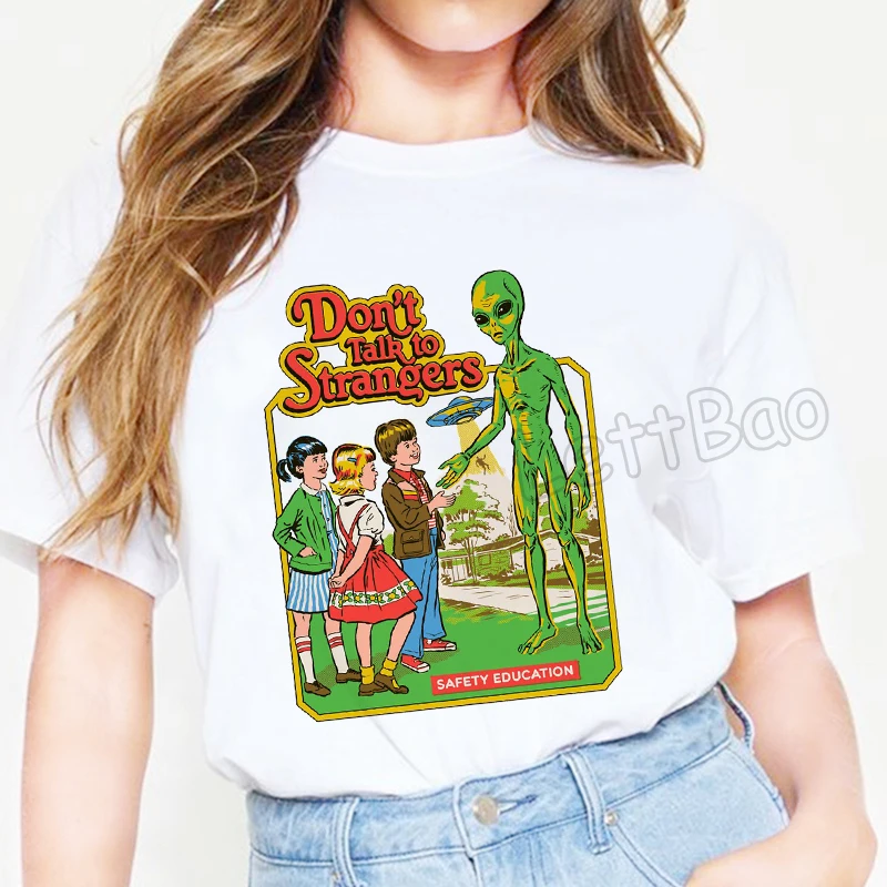 

New Arrival Dont Talk To Strangers Print O-Neck Graphic Tees Women Harajuku Cotton Camisas Mujer Aesthetic Funny T Shirts