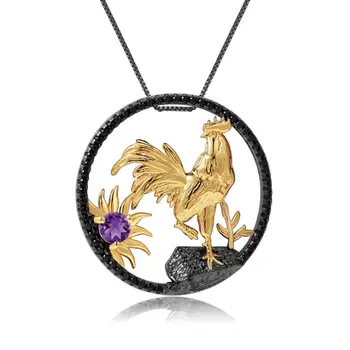 

GEM'S BALLET 925 Sterling Silver Handmade Rooster Natural Amethyst Pendant Necklace For Women Chinese Zodiac Fine Jewelry