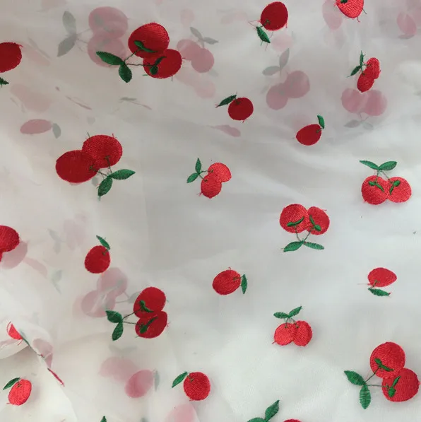 

lovely cherry embroidery white organza lace fabric for girls and children dress shirt clothes skirt