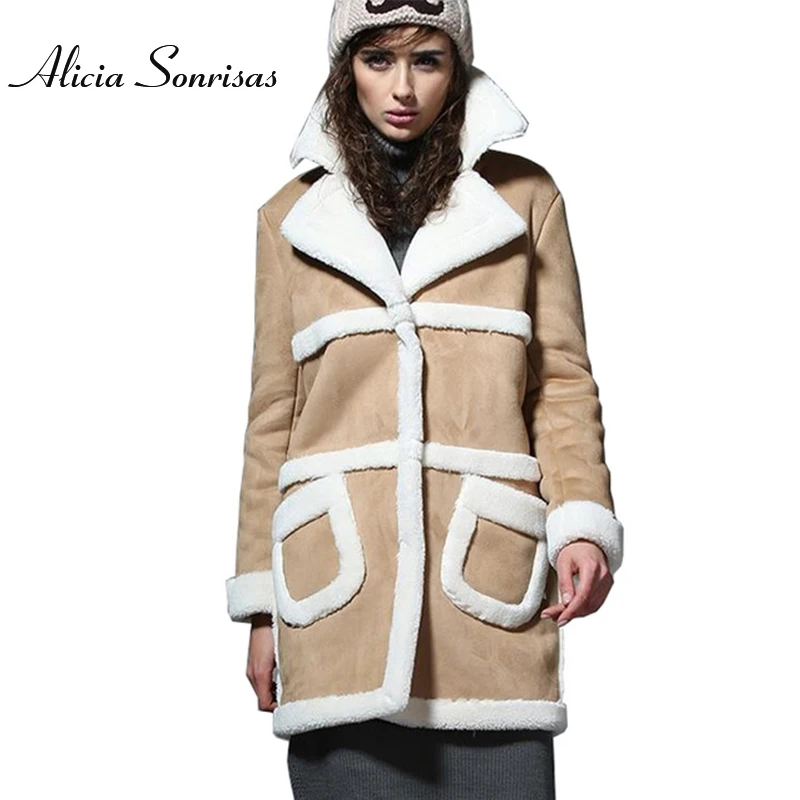 

2018 Long Shearling Sheepskin Suede Cloak Winter Jacket Women Lapel Thick Warm Women's Coats Overcoat Jaqueta De Couro Feminino