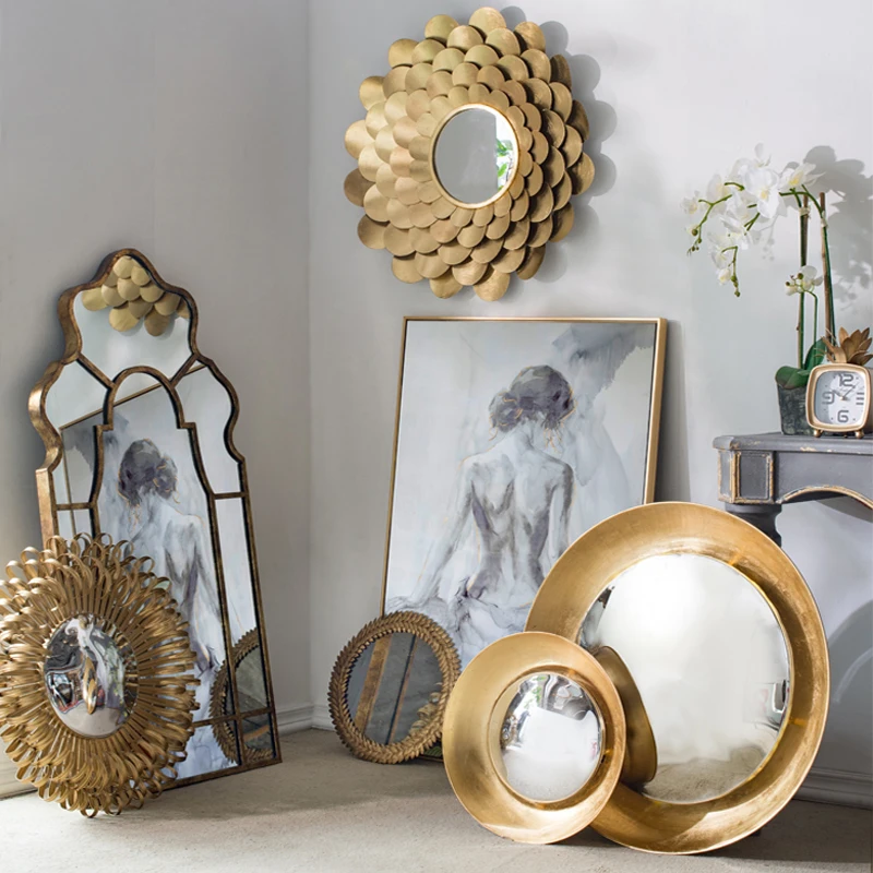 European Wrought Iron Golden Flower Mirror Wall Hanging
