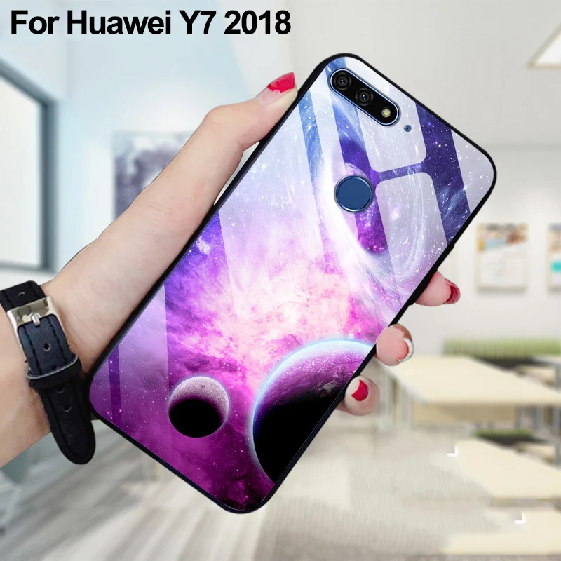 Чехол из закаленного стекла для Huawei Y7 2018 задняя крышка Y 7 чехол телефона с