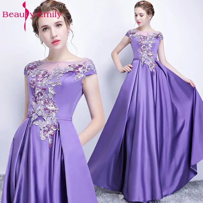 Beauty Emily New Banquet Purple Long Evening Dresses 2019 Lace Formal Robe De Soiree Occasion Party Prom Dresses Satin