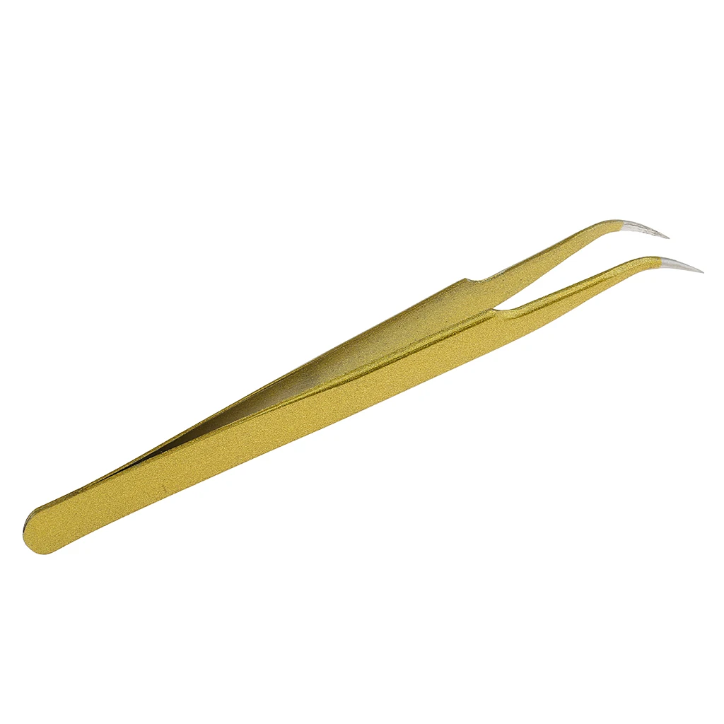 Professional Stainless Steel False Eyelash Extension Tweezers Curved Head Gold Beauty Makeup Tool