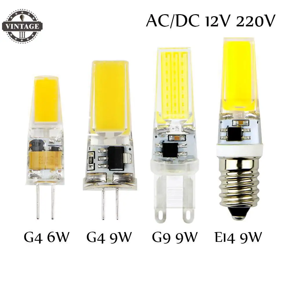 Vintageiii G4 AC DC 12 V COB luces reemplazar halógeno bombillas bombilla led G9 G4 E14 220 v 3 W 6 W 9 W dimmable Lampada LED lámpara