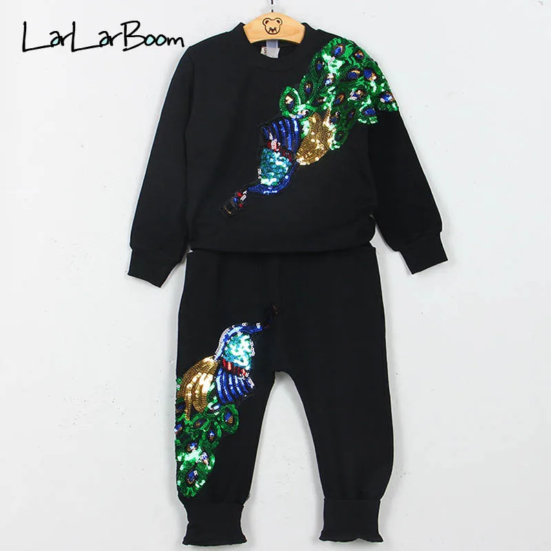 

LarLarBoom Kids Clothing Set Unisex Clothes Suit New Spring Appliques Sequin Peacock Pattern Embroidery Tops with Pants 2Pcs Set