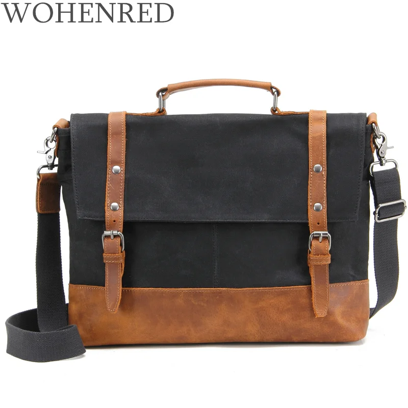 Leather Canvas Briefcases For Mens Laptop Messenger Bag Vintage