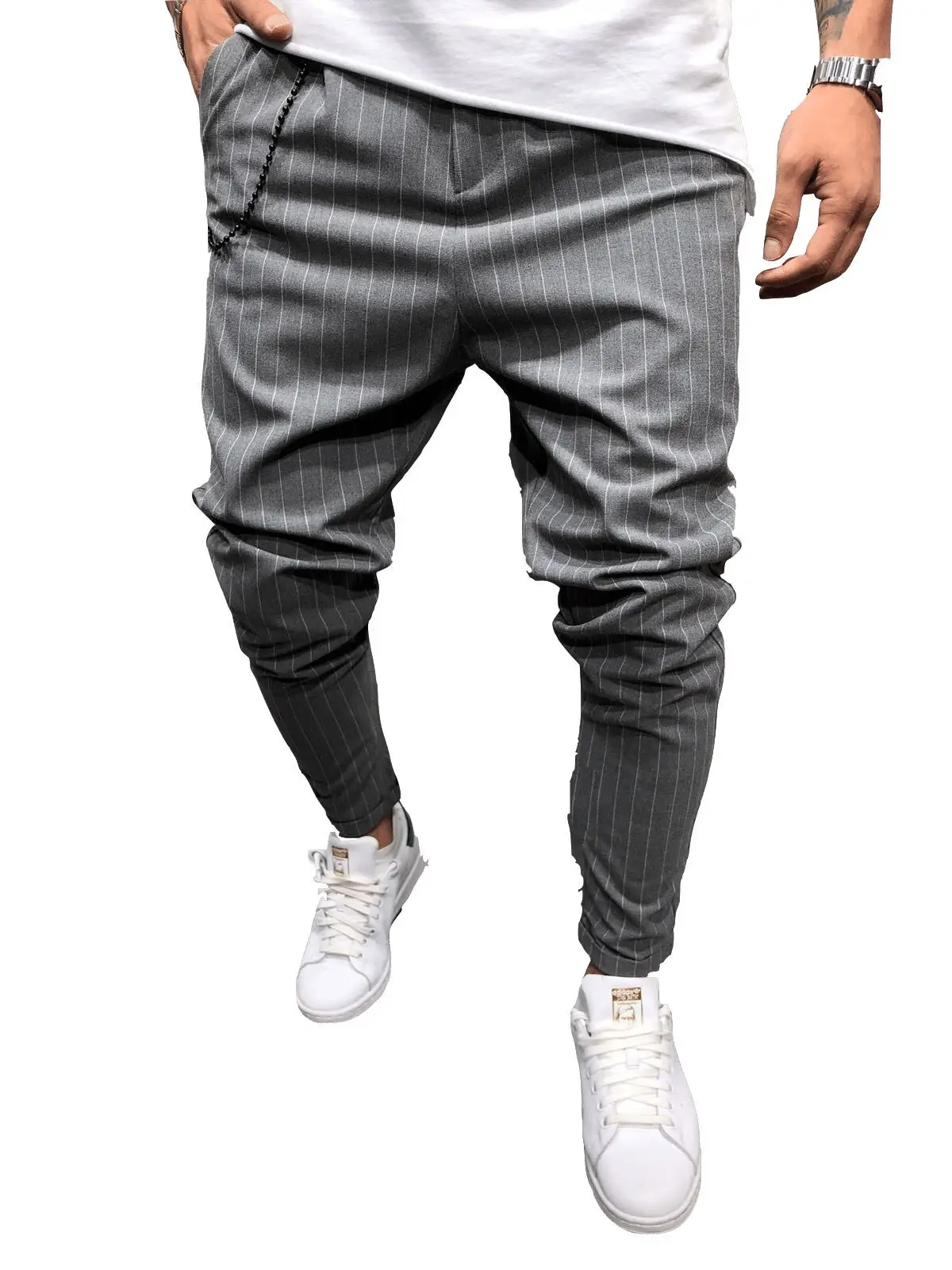 Костюм брюки мужские повседневные Модные Полосатые мужские брюки с маленькими ногами Pantalon De Vestir Hombre мужской костюм - Цвет: Серый