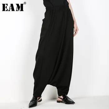 

[EAM] 2020 New Spring High Elastic Waist Brief Black Pocket Leisure Loose Cross-pants Women Fashion Tide All-match JF596