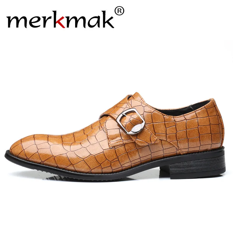 

Merkmak Grid Pattern Men Leather Shoes British Style Mens Formal Buiness Slip On Buckle Man Casual Dress Shoes Large Size 38 48