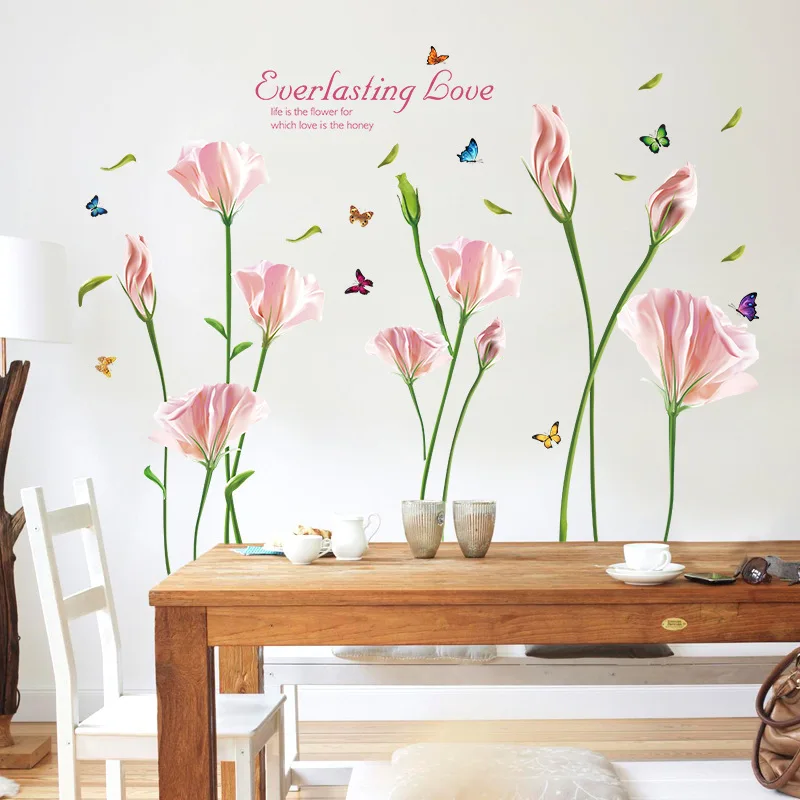 

Beautiful Pink Purple Lily Flowers Butterfly Wall Stickers Couple Bedroom Living Room Diy Vinyl Removable art Decals Home Decor